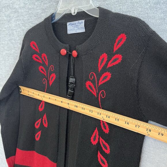 Bolivia Alpaca Wool Boho Open Cardigan Sweater Size S Black Red Artsy Embroidery - Picture 13 of 15